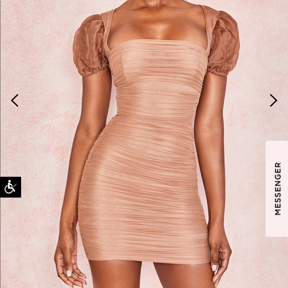 House of CB MARCIA tan PUFF SLEEVE RUCHED DRESS